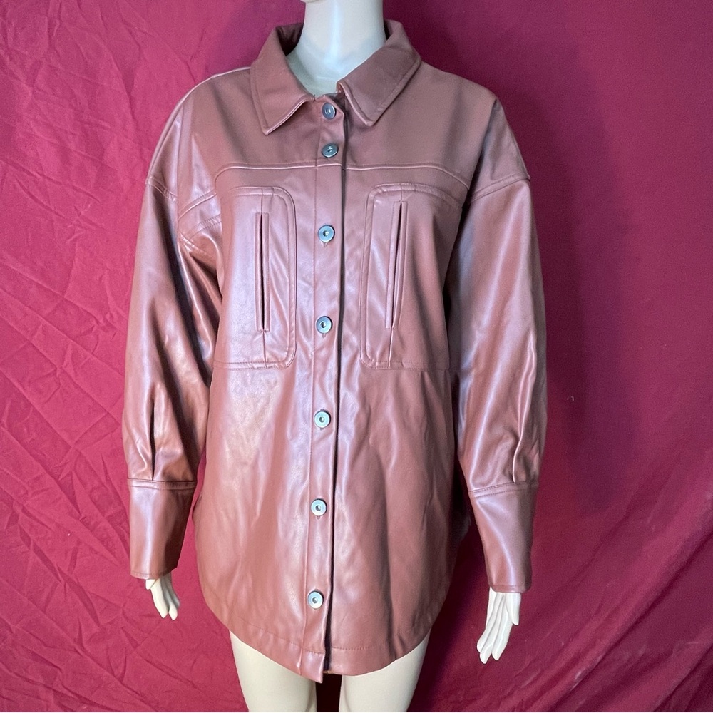 NWT Women’s Camel Faux Leather Button Shirt Jacket Size Small Retro 70s Style